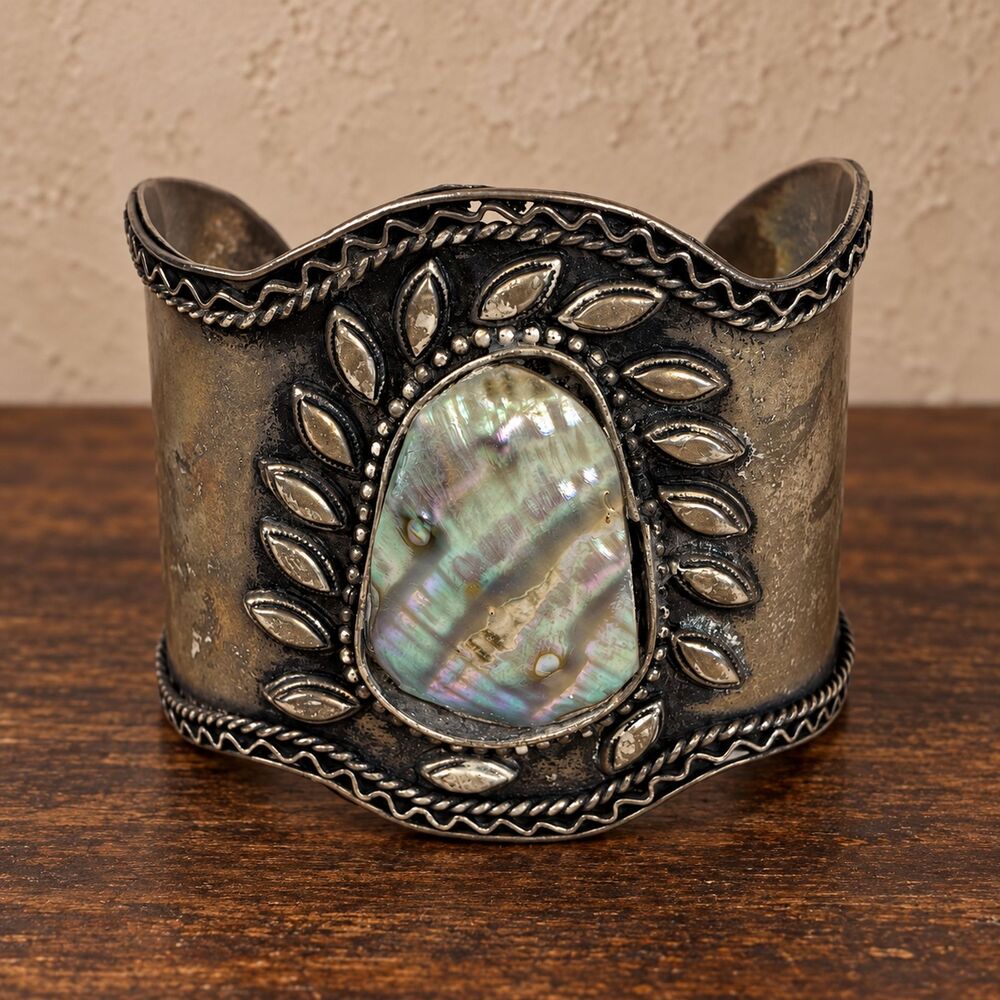 Wide Silver Tone Cuff Bracelet Iridescent Shell Style Center Made in India